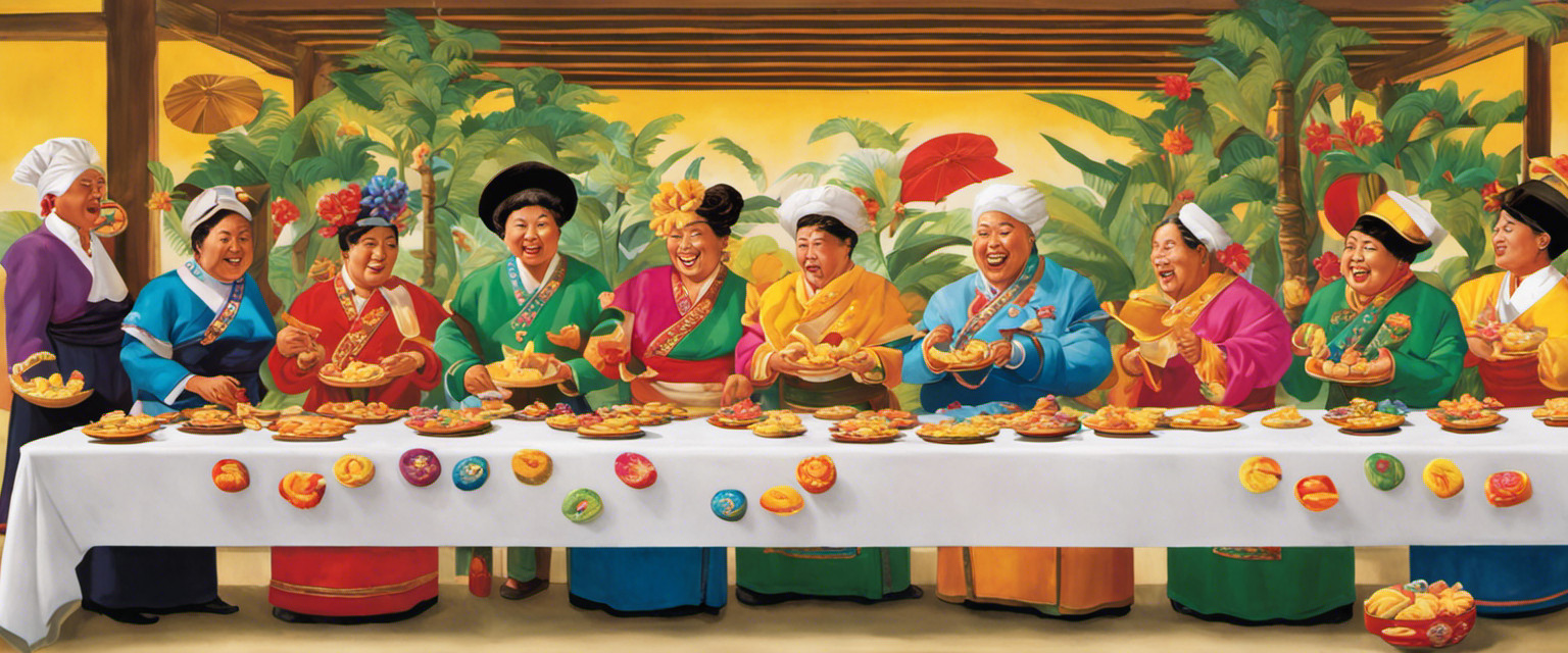 An image depicting a vibrant table, adorned with colorful fortune cookies and a lineup of enthusiastic participants