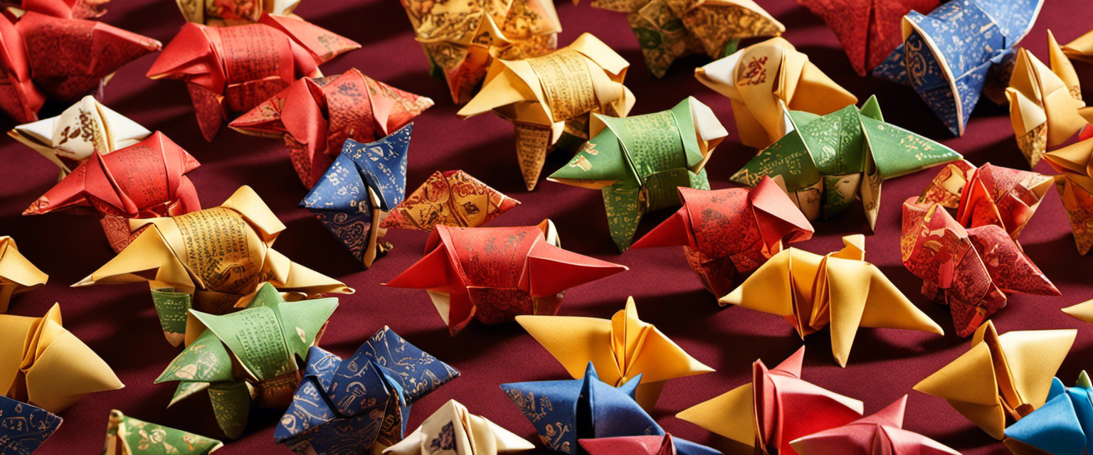 An image showcasing a stack of fortune cookies, each one opened to reveal intricate paper origami animals representing various languages, symbolizing the complex and often useless knowledge involved in translating fortune cookie messages