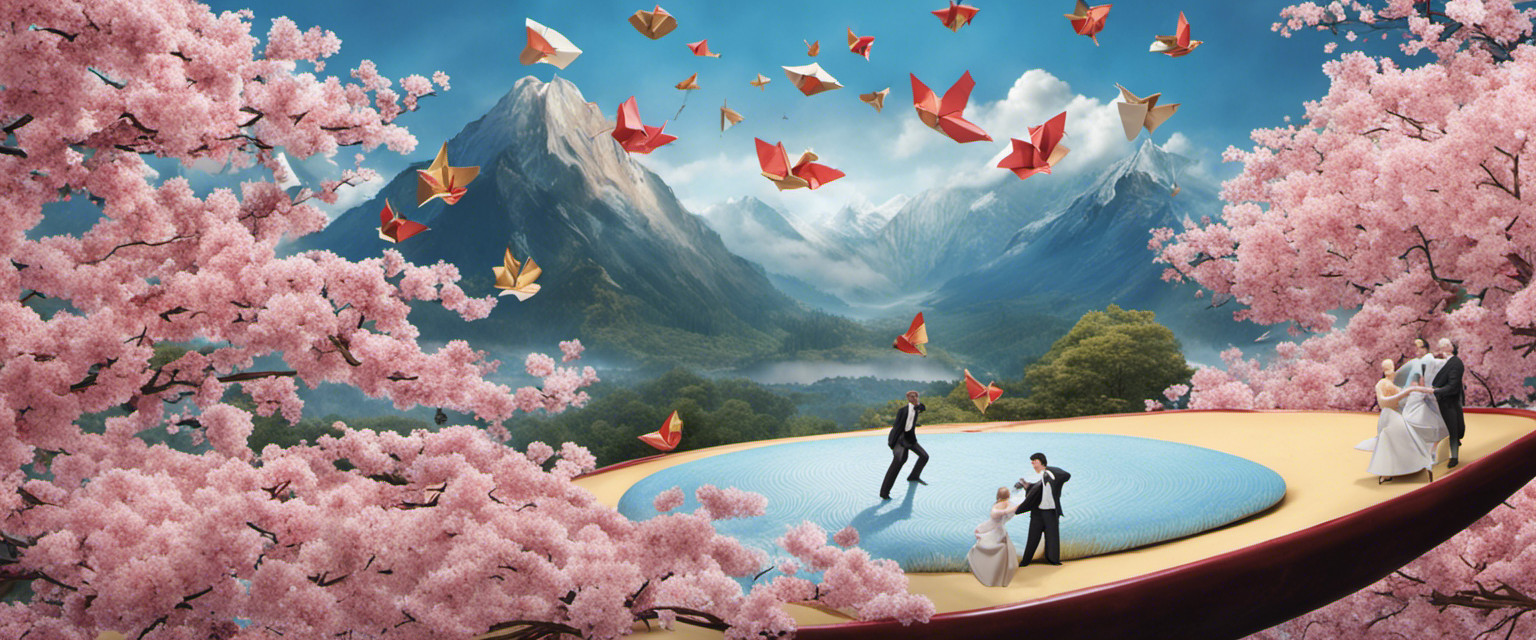 An image that depicts a whimsical scene of fortune cookie haiku composers balancing on a giant fortune cookie, surrounded by floating cherry blossoms and throwing tiny origami cranes into the air