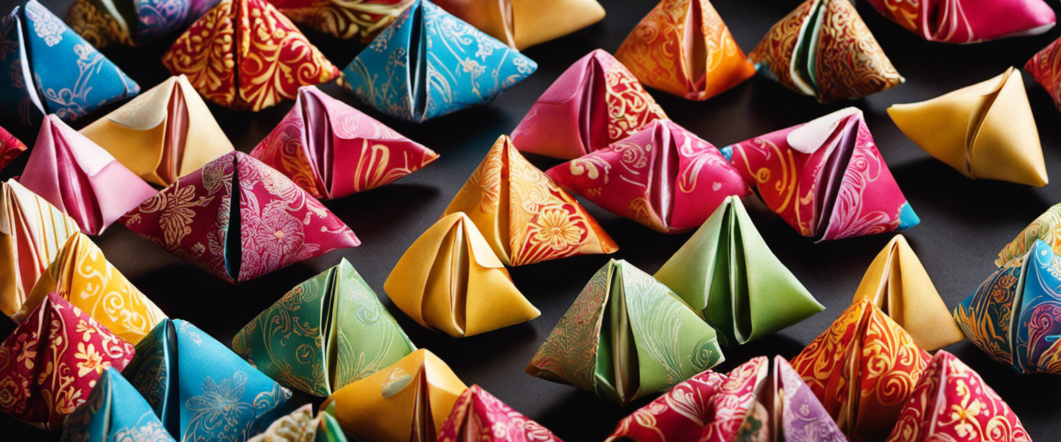 An image showcasing a close-up of intricately folded fortune cookie wrappers, with vibrant colors and delicate patterns, symbolizing the mysterious world of encrypting messages within them