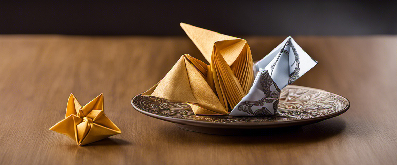 An image depicting a skilled hand gracefully folding a fortune cookie wrapper into an intricate origami shape, showcasing the useless yet fascinating art of fortune cookie wrapper origami