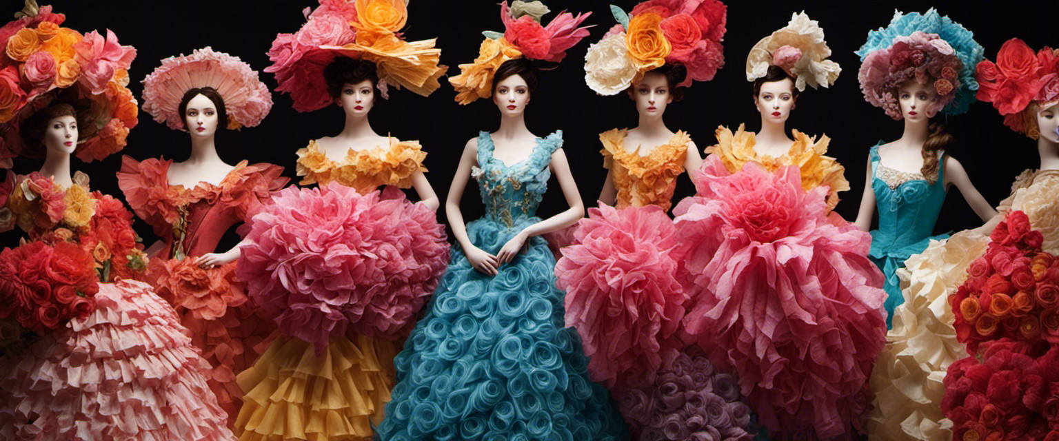 An image showcasing intricate French crepe paper costumes, adorned with delicate ruffles, intricate floral patterns, and whimsical details, capturing the essence of the art form in all its useless yet mesmerizing glory
