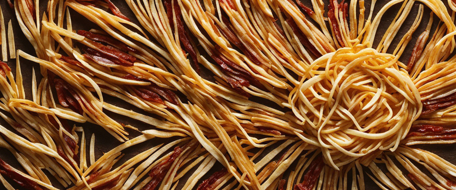 An image showcasing an intricate mosaic made entirely of French fries, with golden shoestring fries forming delicate patterns and curly fries forming vibrant accents