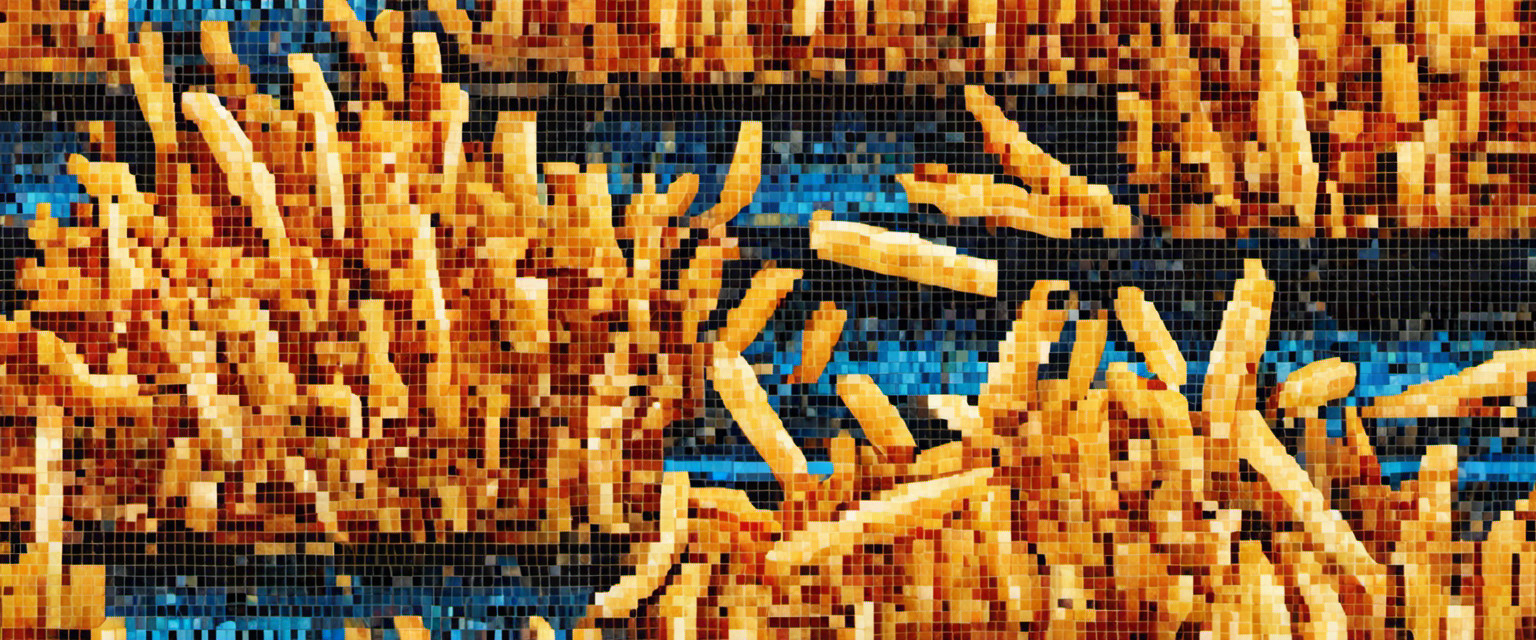 An image showcasing a pixelated mosaic of French fries, intricately arranged to form various art forms