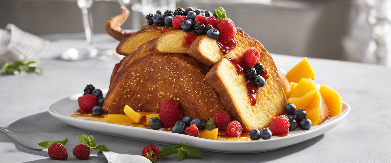 An image showcasing a whimsical French toast masterpiece in the form of a dinosaur