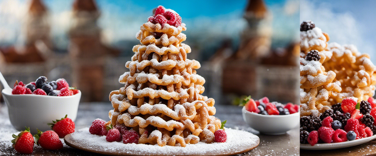 An image capturing the essence of funnel cake tower constructing, showcasing an intricate tower of golden brown funnel cakes piled high, adorned with a cascade of powdered sugar, drizzles of luscious chocolate, and vibrant berries, all gleaming under a warm summer sun