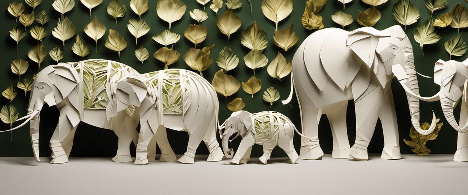 An image showcasing a meticulously folded leaf menagerie, where intricate animals like elephants, rabbits, and peacocks come to life through delicate leaf manipulation