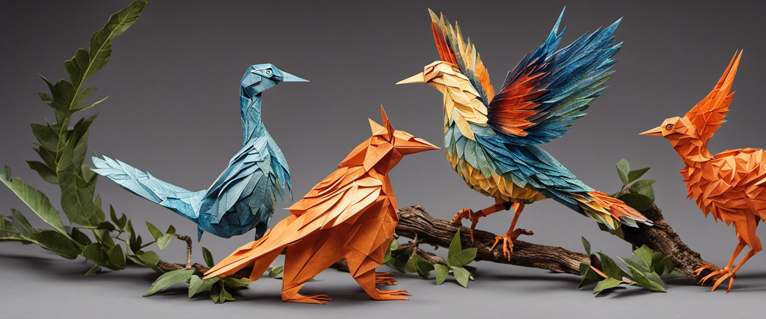 An image showcasing a handcrafted menagerie of intricate leaf origami animals, ranging from soaring birds with delicate feather details to lifelike reptiles with textured scales and intricate folds