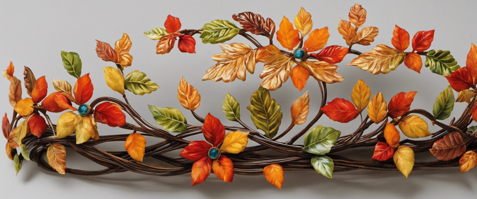 An image depicting a pair of delicate hands adorned with vibrant leaves, meticulously intertwining slender stems to form an ornate crown