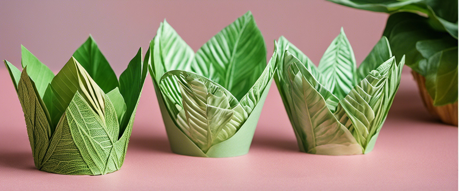 An image showcasing a pair of delicate hands gracefully folding a vibrant green leaf into an intricate cupcake wrapper, revealing the artistry behind the captivating craft of leaf cupcake wrapper folding