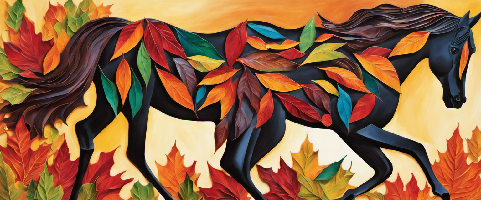 An image showcasing a skilled hand gently folding vibrant autumn leaves into intricate horse shapes, displaying the artistry of leaf horse folding