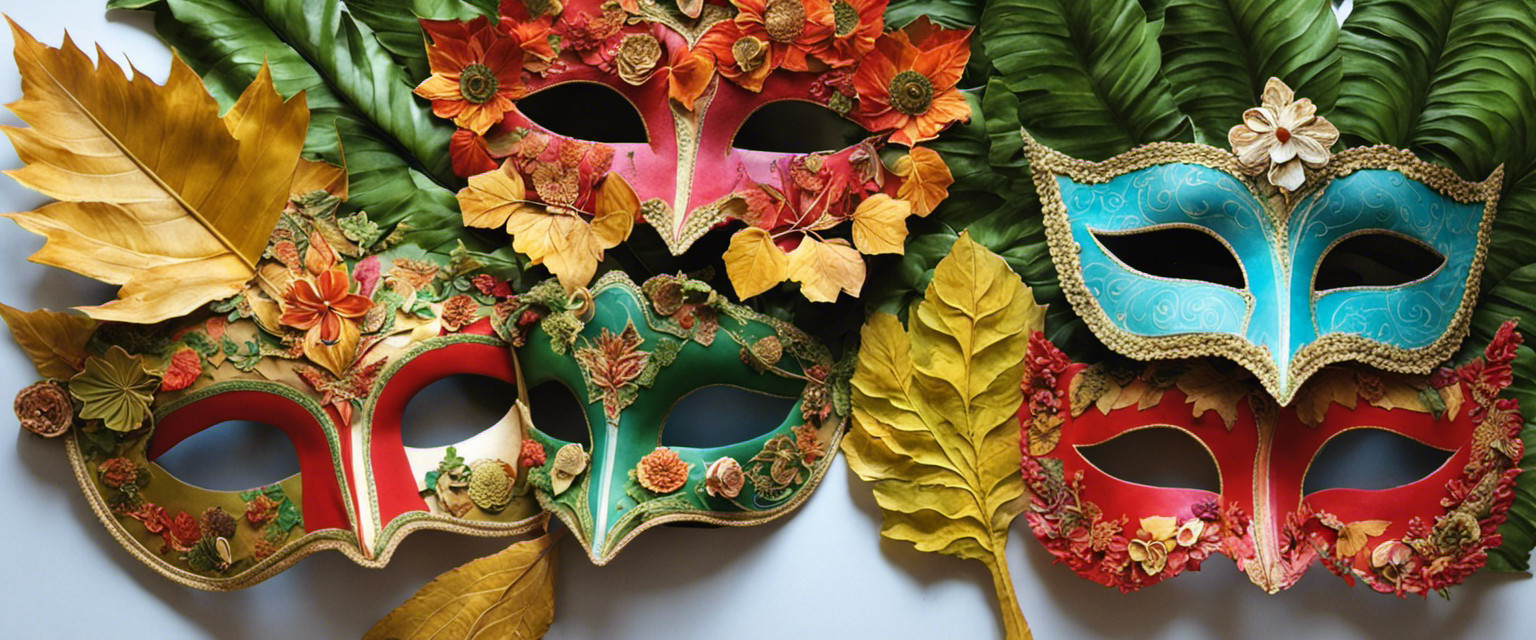 An image for a blog post on the Art of Leaf Mask Decorating: A whimsical display of meticulously adorned leaf masks, each one intricately embellished with delicate patterns, vibrant colors, and whimsical motifs, showcasing the beauty of useless knowledge