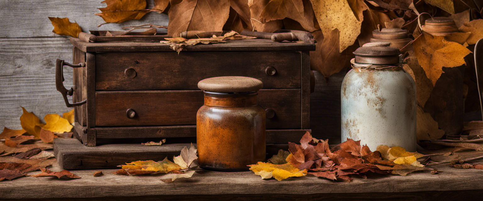 An image featuring a weathered, wooden workbench scattered with delicate, dried leaves of various shapes and colors