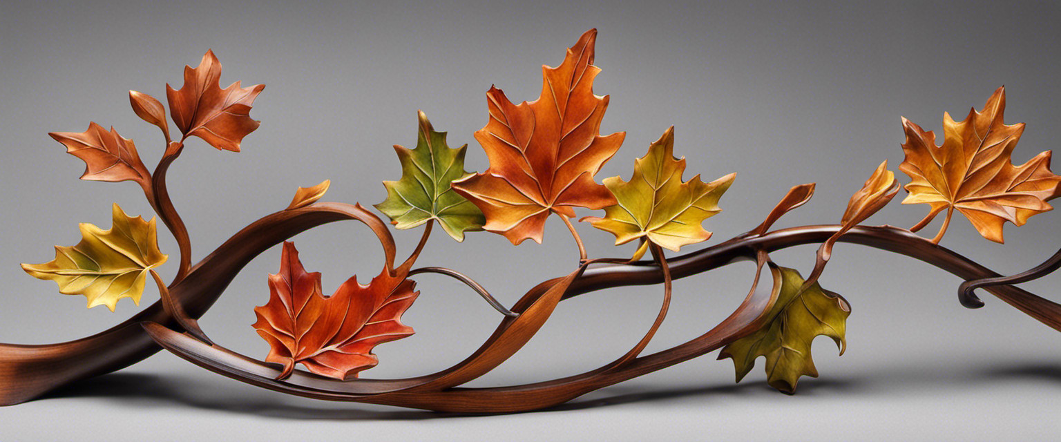 An image showcasing a delicate leaf sculpture, formed by intricately twisting and folding vibrant maple and oak leaves