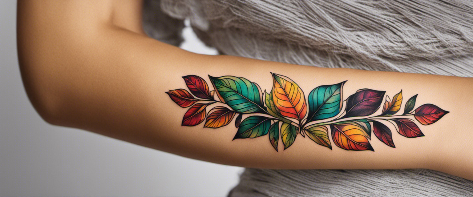 An image showcasing a delicate, intricately designed leaf temporary tattoo, adorned with vibrant colors and precise contours