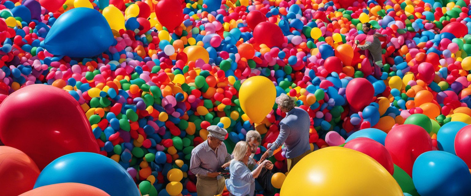 An image showcasing a vibrant, chaotic scene of a balloon artist in action, surrounded by a sea of deflated, misshapen balloons, discarded tools, and puzzled onlookers, capturing the essence of useless knowledge about the art of making balloon animals