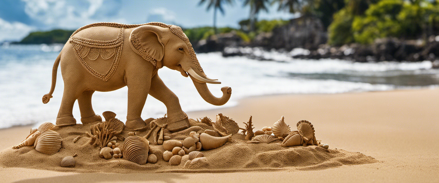An image portraying a sandy beach with an intricately crafted sand sculpture of an elephant, meticulously adorned with delicate seashell details, showcasing the sheer brilliance of useless knowledge in the art of sand sculpting