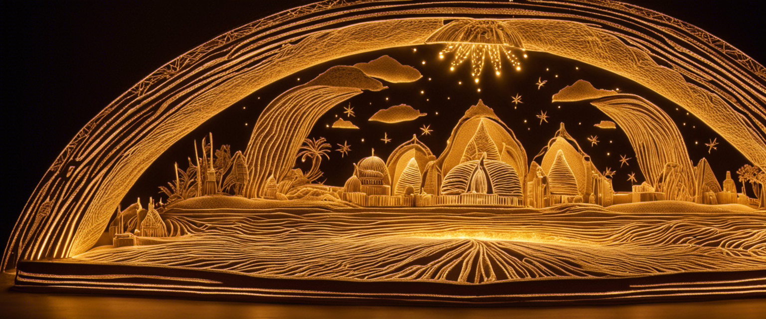An image showcasing an ethereal sand art sculpture illuminated by vibrant beams of light, revealing intricate details and delicate patterns