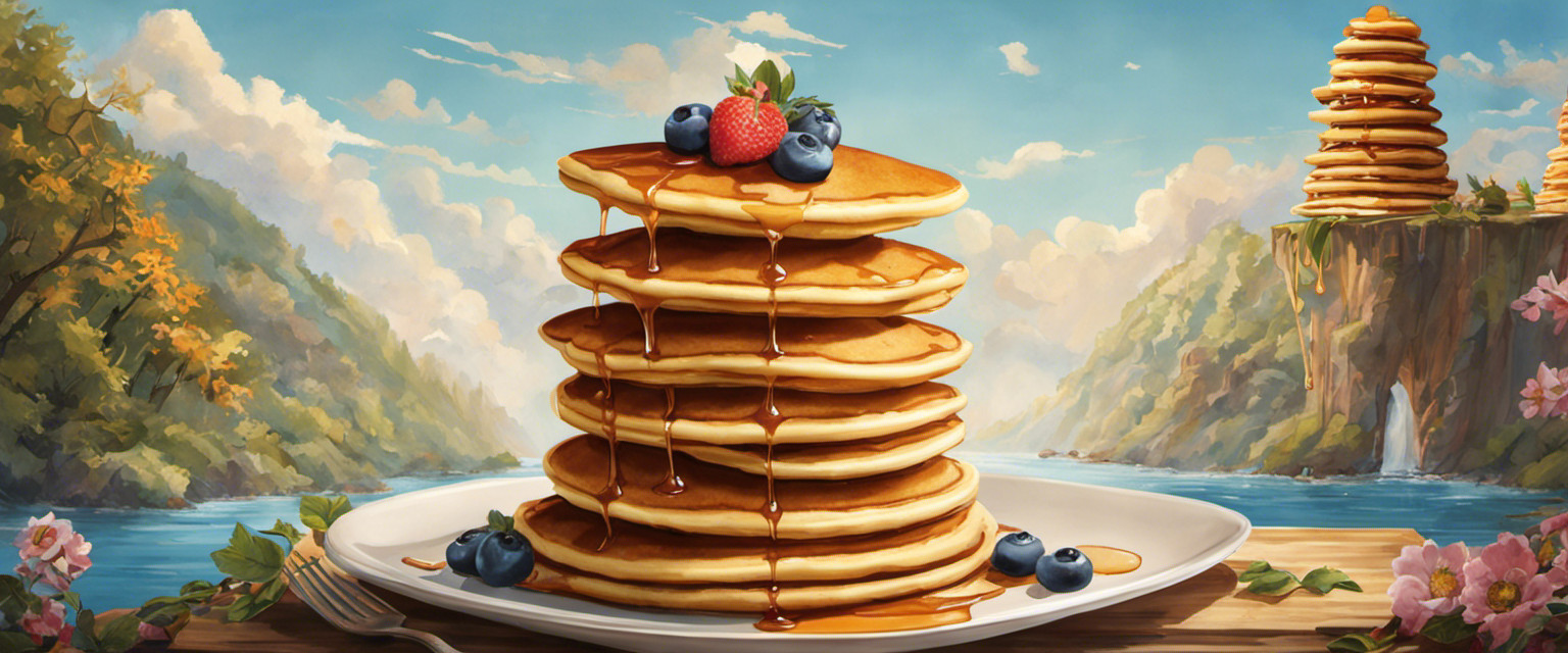 An image capturing a whimsical scene of a pancake stacker's hands gracefully flipping pancakes, showcasing various shapes and sizes