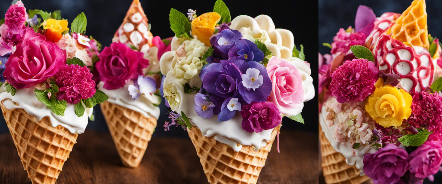 An image showcasing a whimsical waffle cone bouquet crafted with precision: a vibrant medley of ice cream flavors adorned with delicate edible flowers, intricately arranged within a crisp cone canvas