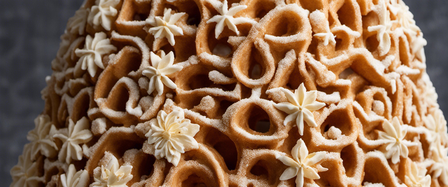 An image showcasing a talented waffle frosty sculptor meticulously carving intricate designs into a towering waffle sculpture, adorned with delicate frosting details, amidst a backdrop of whimsical waffle crumbs