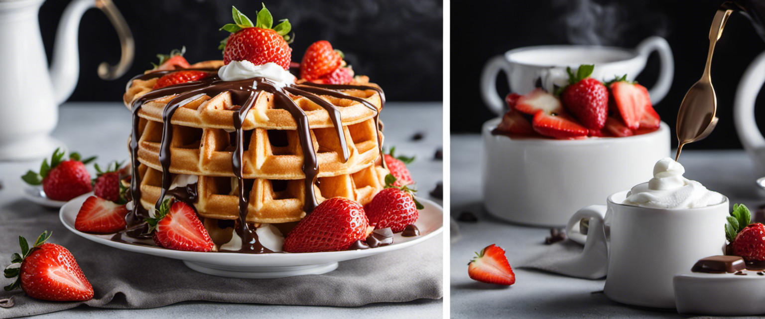 An image showcasing a golden, perfectly crisp waffle, delicately layered with a melting cascade of velvety chocolate, fresh strawberries, and a dollop of whipped cream, embodying the whimsical artistry of waffle melting techniques