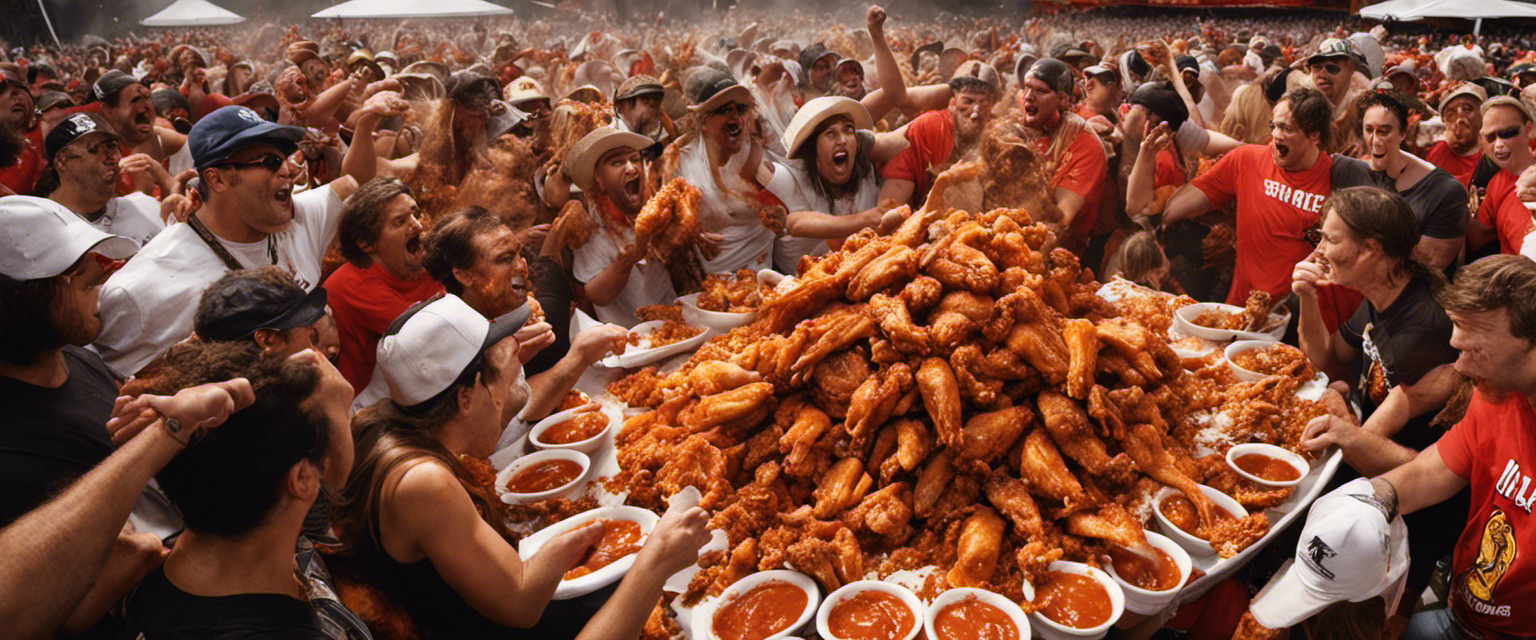 An image showcasing a chaotic battleground of buffalo wings, where contestants fiercely devour endless piles of saucy wings, their faces smeared, hands flying, and the crowd cheering amidst a whirlwind of discarded bones