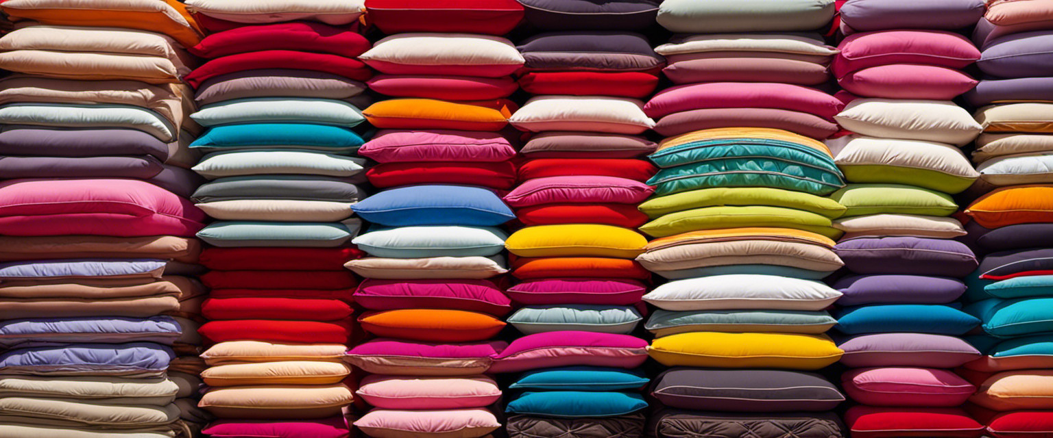 An image showcasing a towering stack of colorful mattresses, precariously balanced in a perfectly symmetrical formation