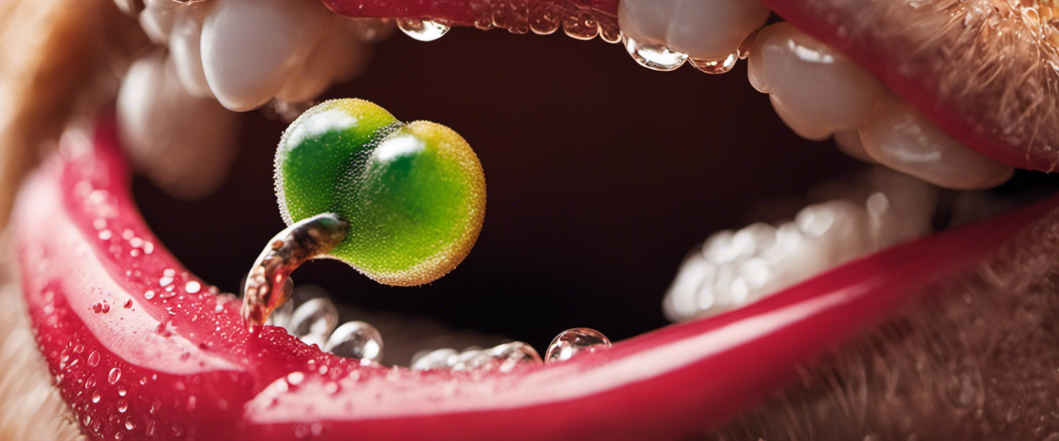 An image showcasing a close-up shot of a seed-filled mouth contorted in a comical grimace, with droplets of saliva suspended mid-air, capturing the intense moment of seed spitting in the competitive sport of distance records