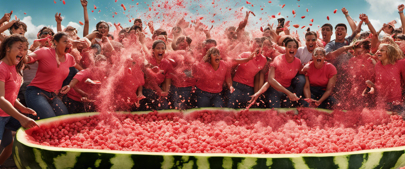 An image capturing the essence of watermelon seed spitting competitions: a crowd gathered around a makeshift arena, cheering as contestants, mouths wide open, unleash seeds with precision and force, while watermelon slices lie scattered in the background