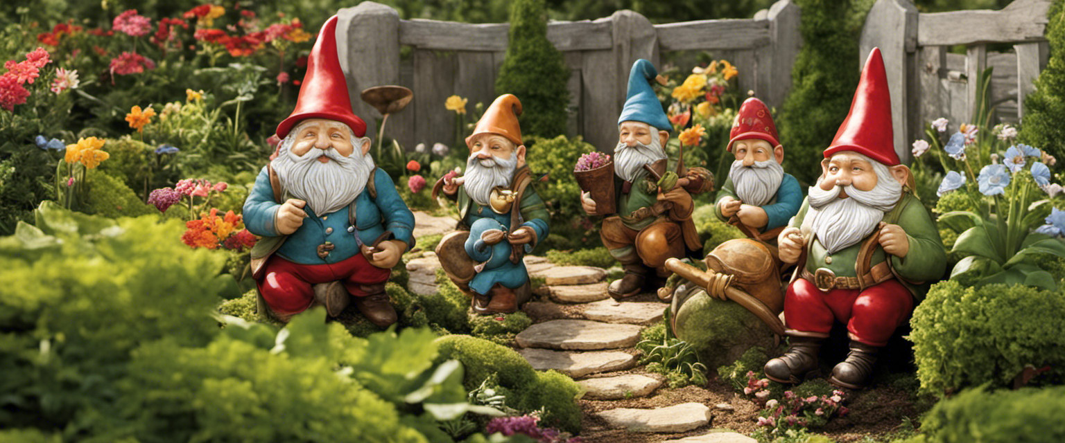 An image featuring a whimsical garden adorned with an array of historically inspired garden gnomes, showcasing their evolution through time, from ancient folklore to modern pop culture, embodying the cultural history of these quirky garden ornaments