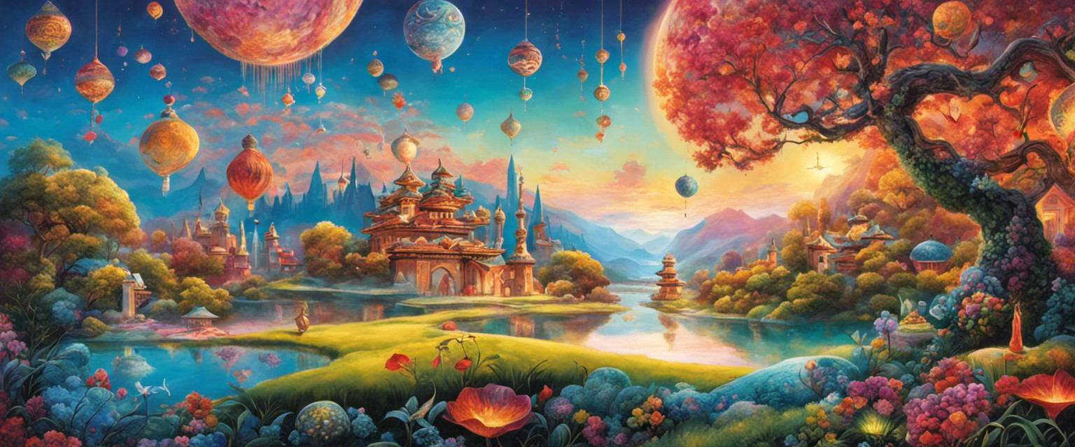 An image of a surreal dream landscape, with floating symbols representing various cultural interpretations