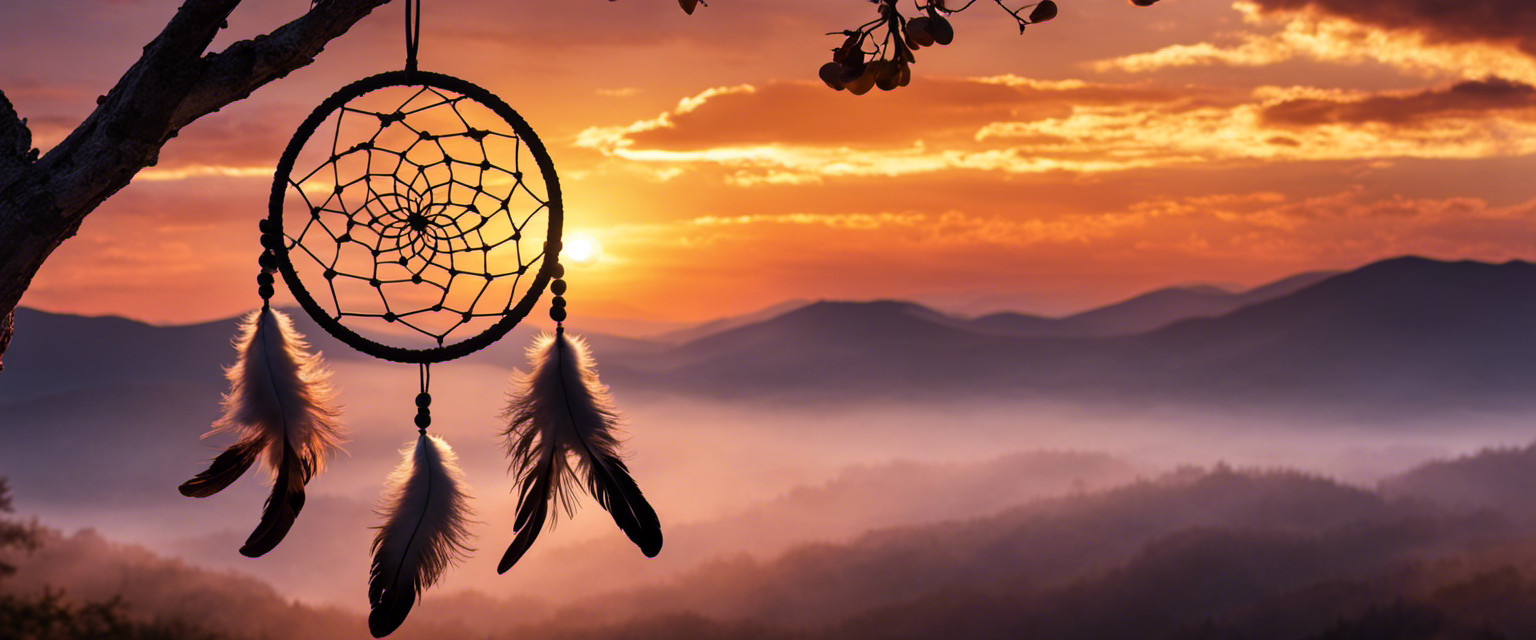 An image showcasing a dreamcatcher adorned with intricate feathers and beads, gently hanging from a tree branch against a vibrant sunset sky, symbolizing the rich cultural history and mystical essence of dreamcatchers