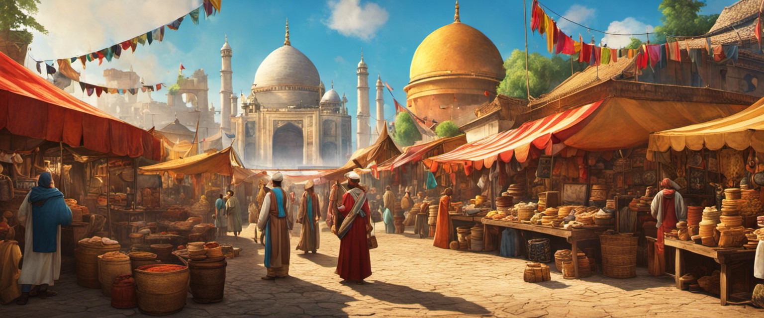 An image with a vibrant, bustling marketplace showcasing diverse, fictional civilizations
