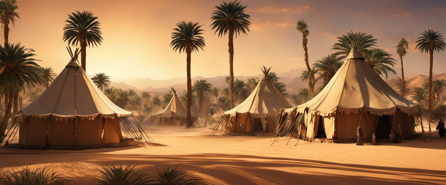 An image showcasing an ancient oasis surrounded by towering palm trees, with a traditional Bedouin tent in the foreground