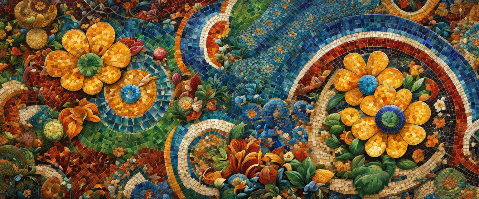 An image showcasing a vibrant cloverleaf-shaped mosaic, composed of intricate patterns and symbols from diverse cultures