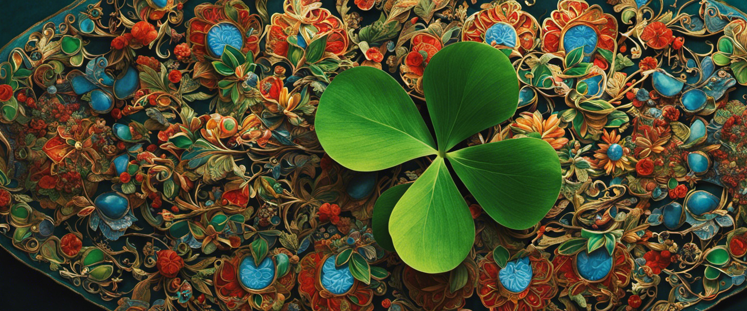 An image depicting a vibrant, close-up view of a four-leaf clover gracefully nestled amidst a myriad of cultural symbols, subtly highlighting its intriguing yet trivial significance in different cultures