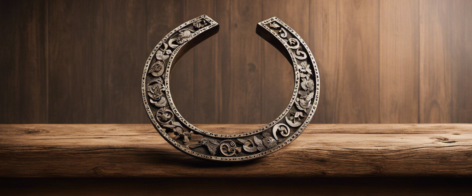 An image featuring a weathered horseshoe suspended by a delicate string, casting a shadow on a worn wooden table