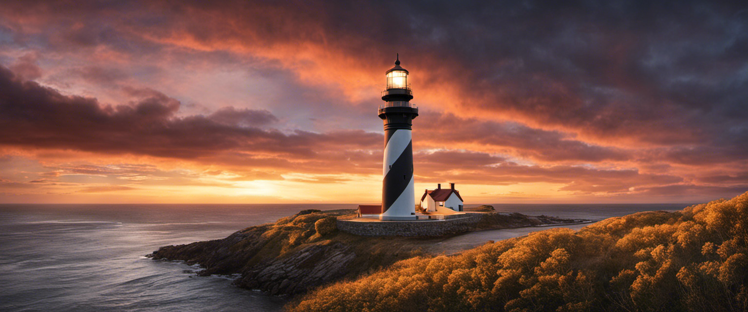 An image depicting a lonely lighthouse, standing tall against a dramatic sunset