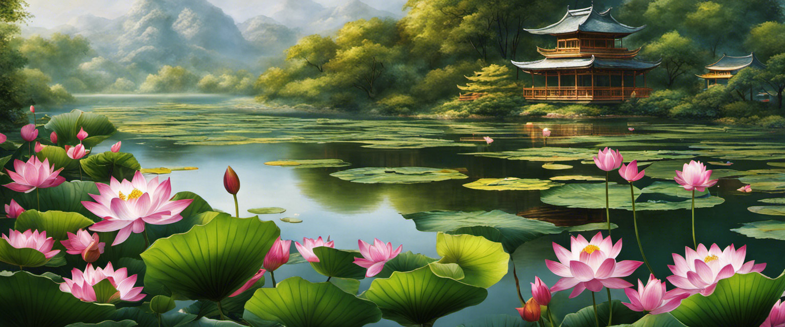 An image showcasing a serene pond adorned with blooming lotus flowers, symbolizing the useless yet captivating cultural knowledge surrounding this sacred plant