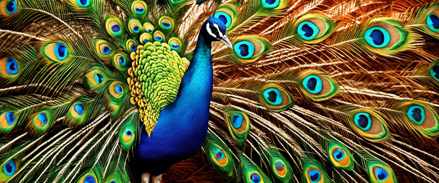 An image showcasing a vibrant, intricately patterned peacock feather, surrounded by a collage of miniature iconic symbols representing various cultures