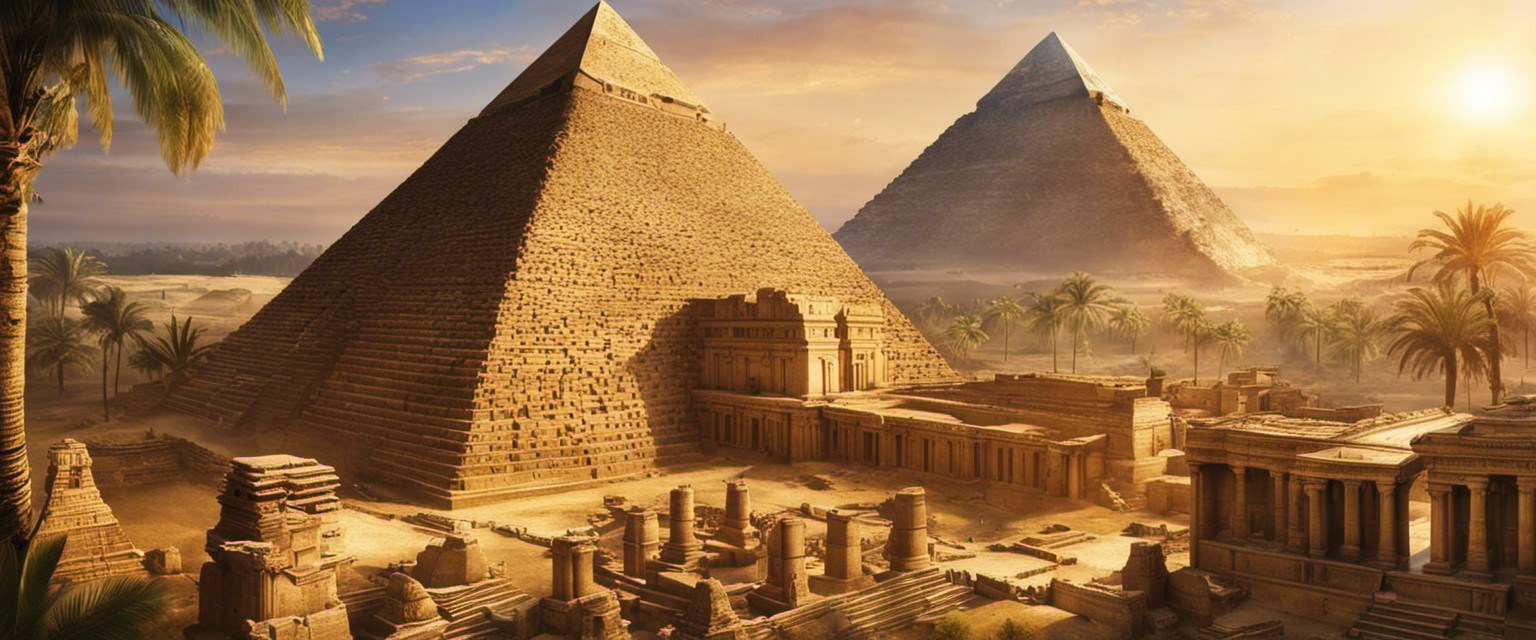 An image showcasing a towering pyramid, bathed in golden sunlight, surrounded by ancient ruins, symbolizing the cultural significance of pyramids through intricate carvings, hieroglyphics, and mesmerizing architectural details