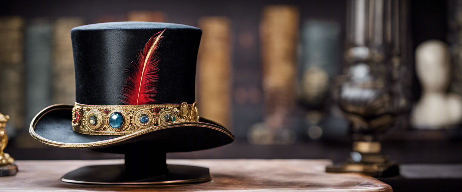 An image showcasing an exquisite top hat, perched atop a marble pedestal
