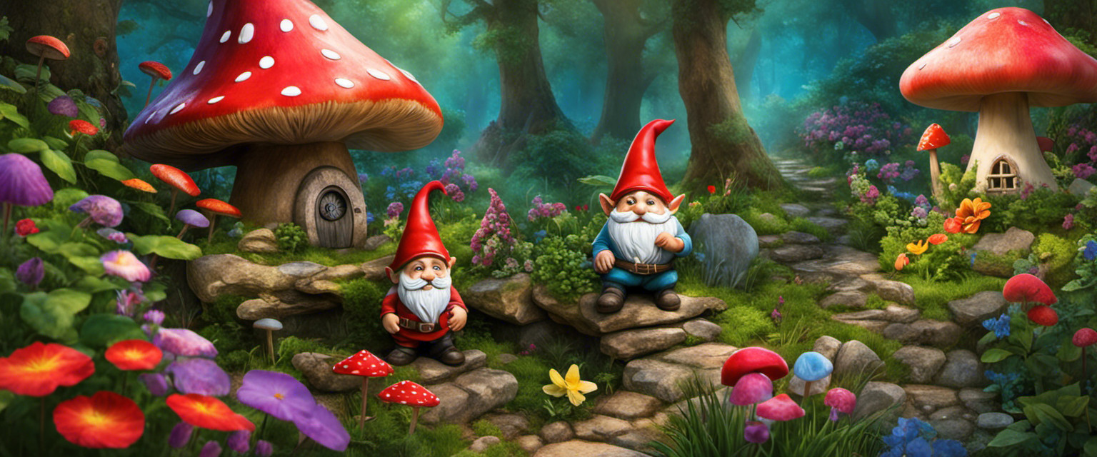 An image capturing the whimsical essence of gnomes amidst a lush garden; vibrant toadstool homes nestled among colorful flowers, a gnome statue peeking mischievously from behind foliage, evoking a sense of enchantment and useless knowledge about their cultural symbolism for a blog post