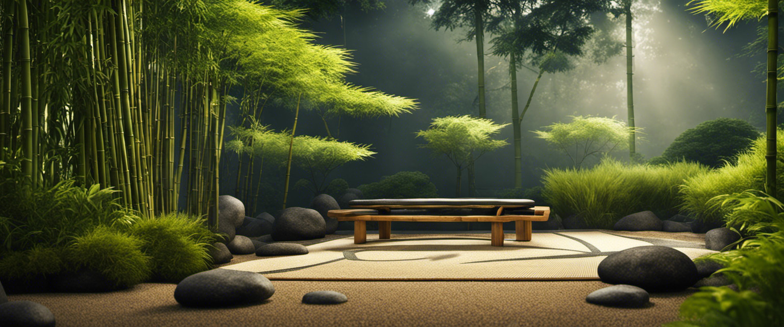 An image showcasing a serene Japanese Zen garden with bamboo stalks swaying gracefully in the wind, embodying resilience and flexibility