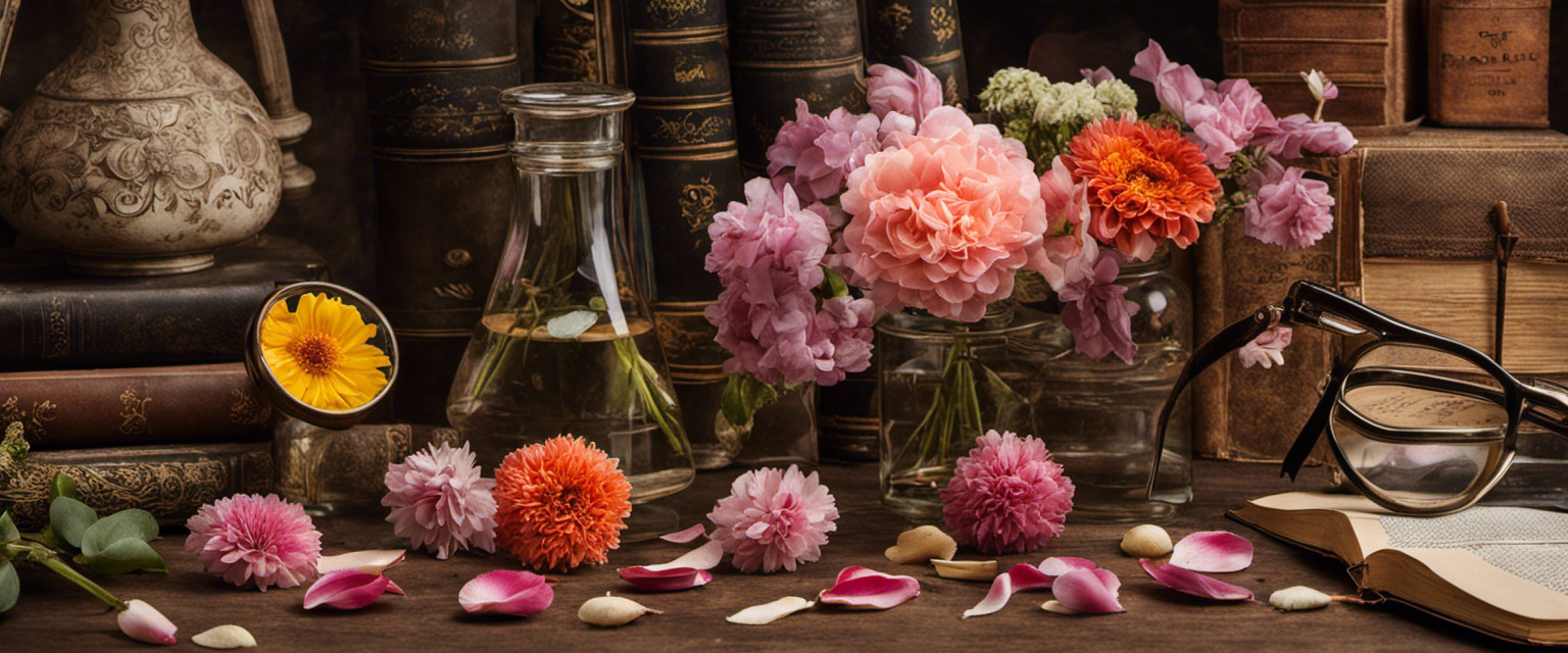 An image showcasing a delicate glass jar filled with meticulously arranged fallen petals from various flowers, surrounded by antique magnifying glasses, vintage books, and faded botanical drawings