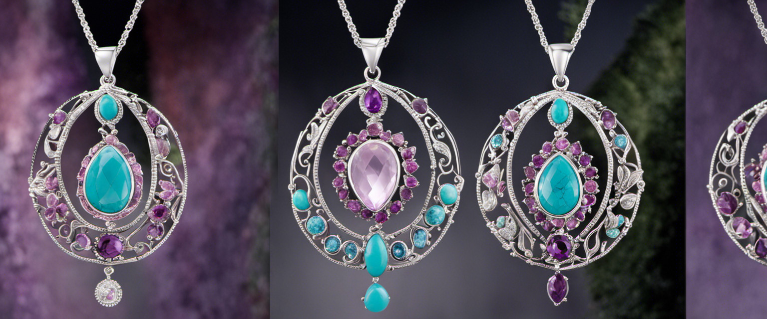 An image showcasing an intricate silver pendant, adorned with colorful natural stones like amethyst, turquoise, and rose quartz