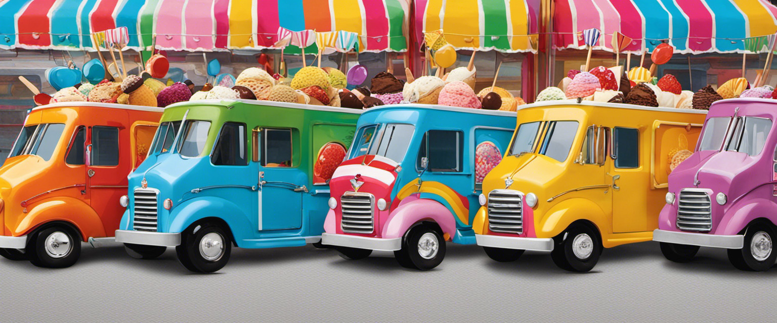 An image capturing the essence of "Useless Knowledge About the Different Melodies of Ice Cream Trucks" by showcasing a vibrant collage of brightly colored ice cream trucks adorned with unique and whimsical musical motifs