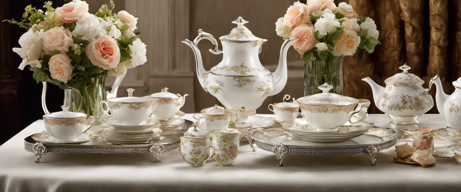 An image featuring an elegantly set Victorian tea table adorned with delicate floral china, silver teapots, lace doilies, and dainty finger sandwiches