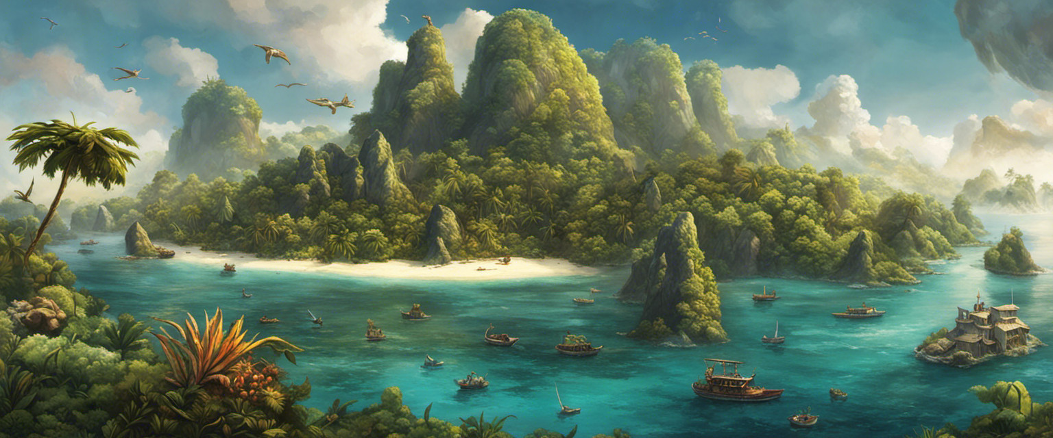 An image showcasing the enigmatic evolution of prehistoric archipelagos, featuring ethereal landscapes adorned with fossilized remains, whimsical species, and mystical rock formations, inviting viewers to delve into the captivating tales of ancient island chains